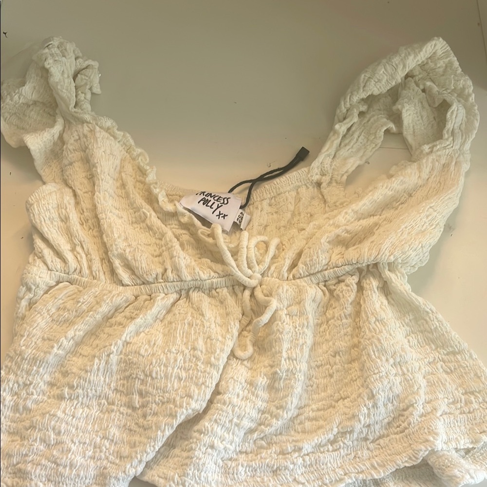 Princess Polly Cream Smocked Tie Front Blouse